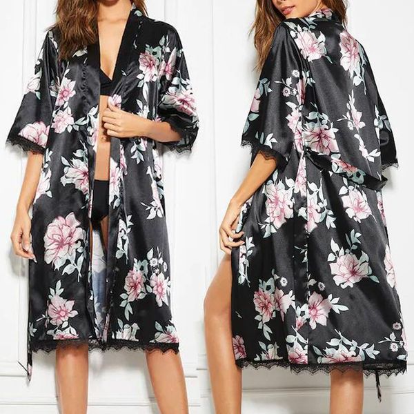

women silk lace casual loose solid satin printed pajamas nightgown lingerie bathrobe with belt babydoll sleepwear nightie 41*, Black;red