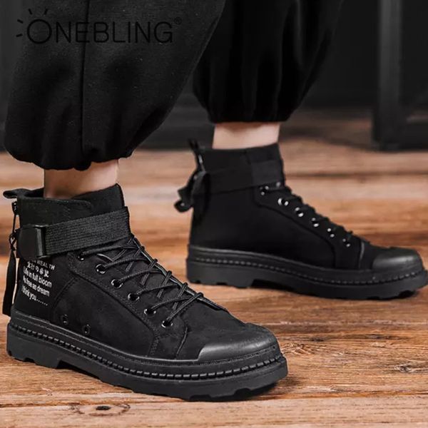 

onebling faux suede men high sneakers 2019 autumn spring buckle zipper ankle boots flat platform non-slip mens work boots, Black