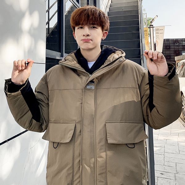 

winter coat men's warm fashion solid color casual thickening parka men hooded coat man streetwear loose cotton long jacket male, Black