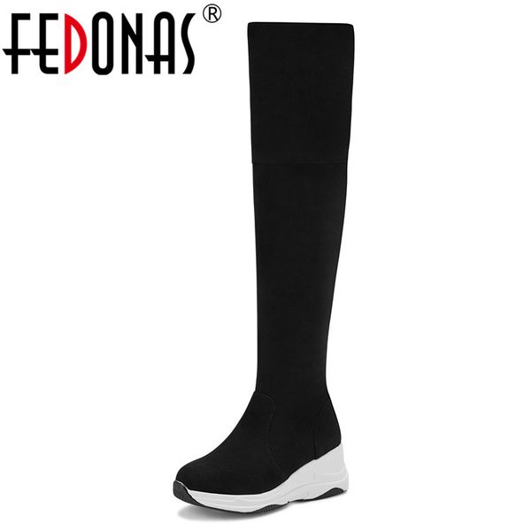 

fedonas new winter black flock women knee high boots zipper round toe wedges party shoes woman warm casual platform long boots