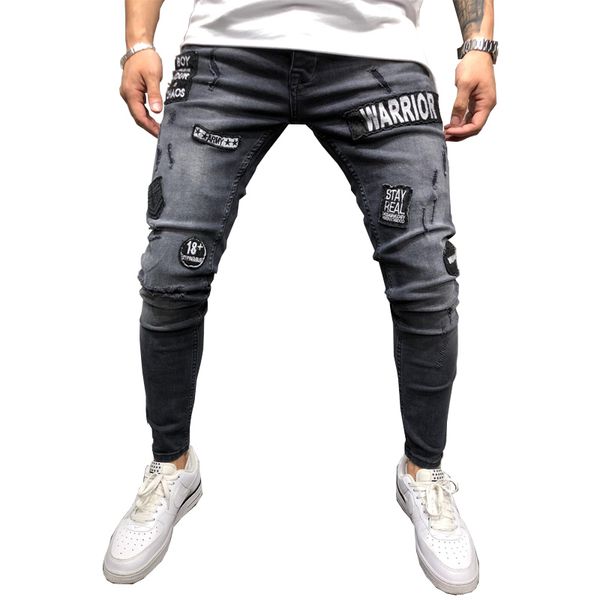 

men stylish ripped hole embroidery jeans pants biker skinny slim straight frayed denim trousers new skinny jeans men clothes, Blue