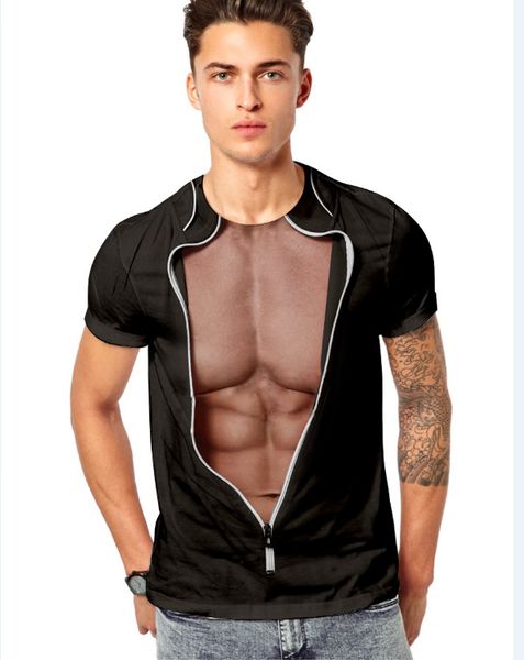 

men's t-shirts summer mens t shirts 3d muscle printing fake two pieces fashion creativity personality short sleeve casual crew neck, White;black
