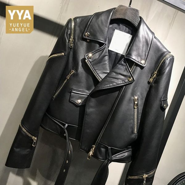 

lady genuine sheep leather jacket women spring long sleeve natural sheepskin leather coat slim motorcycle real lambskin jacket, Black
