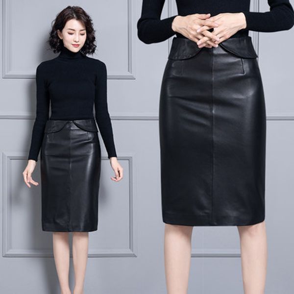 

2019 new fashion genuine sheep real leather skirt k6, Black