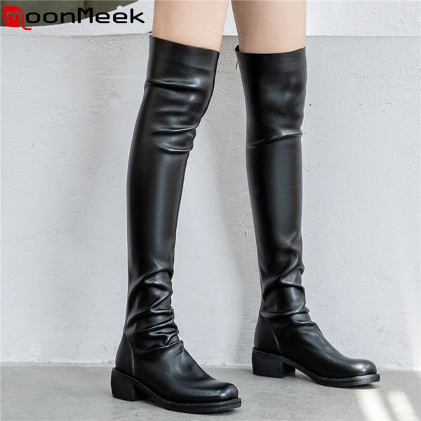 

moonmeek 2020 new ladies genuine leather boots med heels shoes zip over the knee boots black autumn winter long women