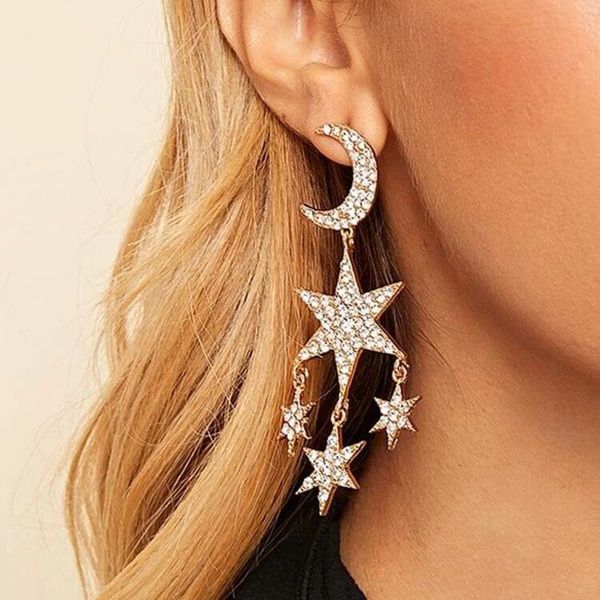 

new trendy fashion luxury designer exaggerated sparkling diamond rhinestone cute lovely moon star long tassel stud earrings for women girls, Golden;silver