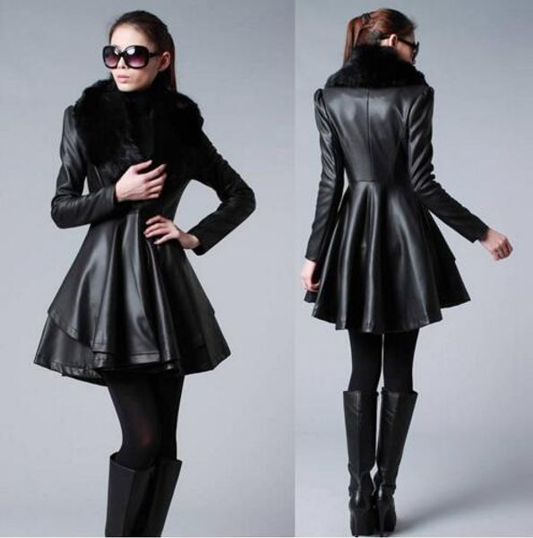 

s-6xl autumn winter new women medium-long pu clothing scrub water washed leather coat large fur collar slim leather outerwear, Black