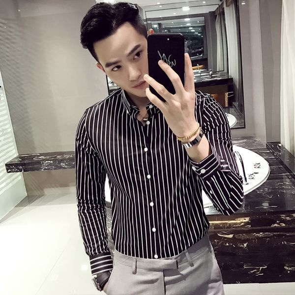 

2017 new men's clothing singer bigbang gd fashion spring slim hair stylist professional striped overalls shirt costumes, White;black