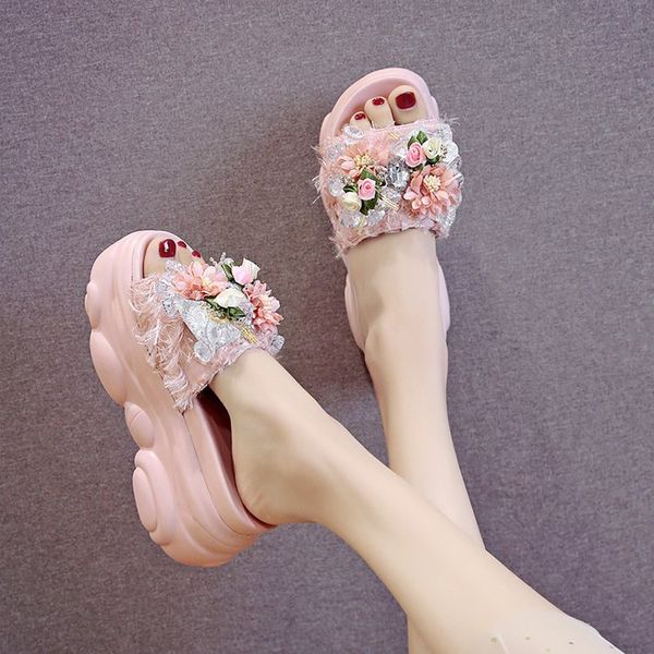 

house slippers platform female shoes summer woman flower increased internal slides butterfly-knot women heels jelly flip, Black