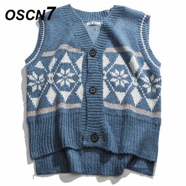 

oscn7 retro cardigan sleeveless sweaters men 2019 autumn high streetwear national style mens v neck vintage sweaters 13613, White;black