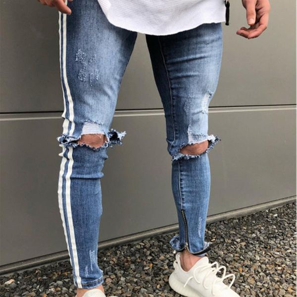 

new fashion ripped jeans men patchwork hollow out strip cropped pants man cowboys demin pants male, Blue