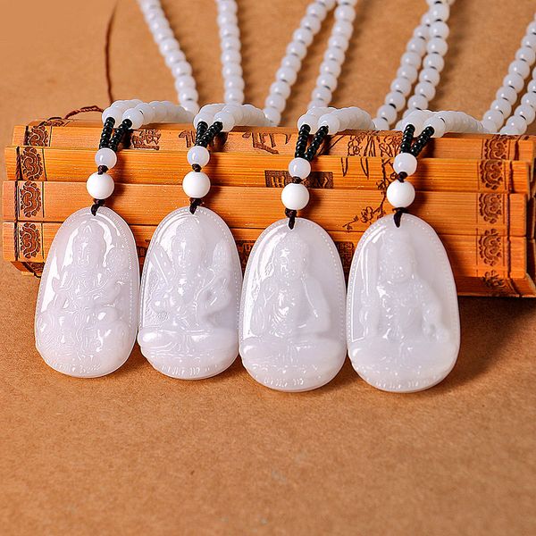 

jade reiki healing crystal buddha chain lucky white jade carved buddha lucky amulet pendant necklace for women men, Silver