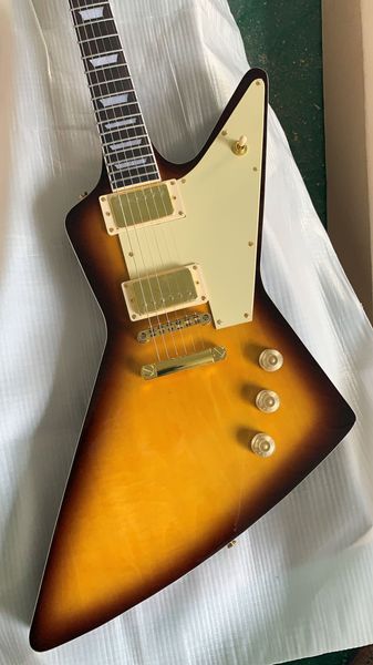 

custom shop es shaped vintage sunburst explorer electric guitar black back plain maple gold parts white pickguard gold speed knobs