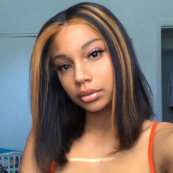 

swinging forest 13x6 lace front human hair wigs straight highlight wig pre plucked bob lace front wigs 150% remy hair, Black;brown