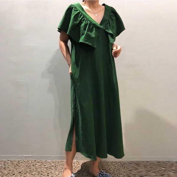 

new fashion french style v neck long loose dress women casual dress, Black;gray