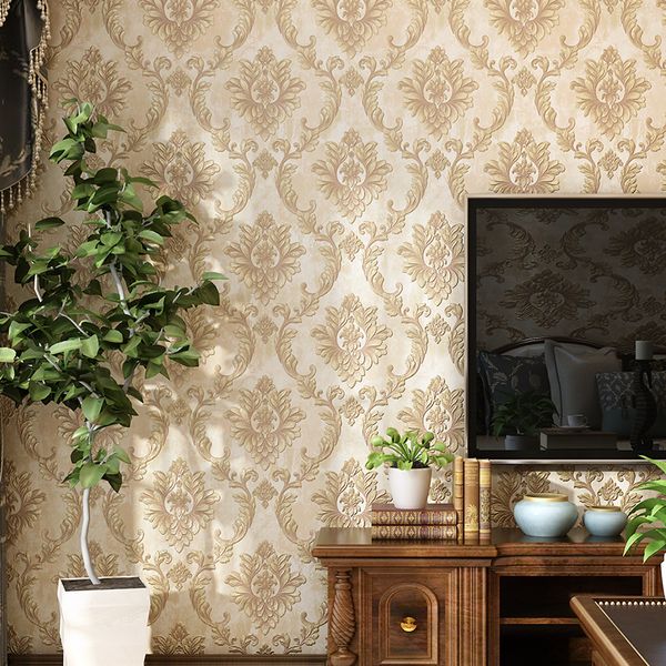 

high-end european high-end retro wallpaper damascus big flower golden moisture-proof mold pressed living room bedroom background wall paper