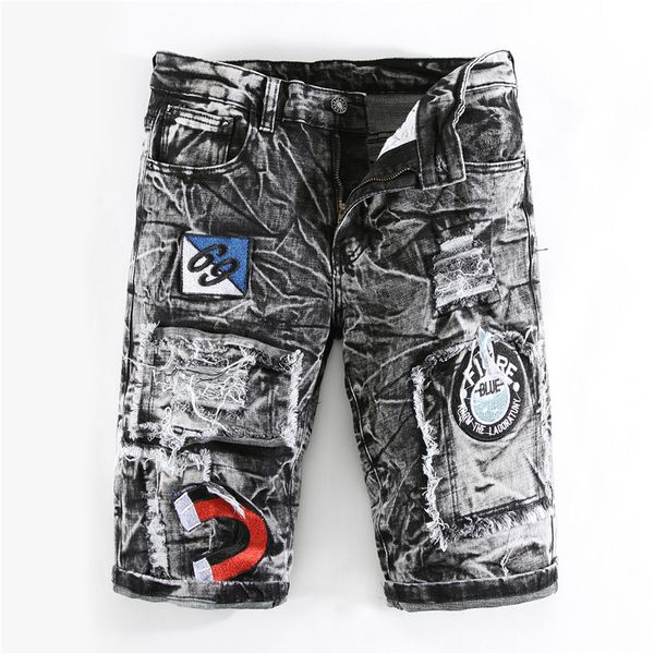 

2019 лето знак mens конструктора stretch джинсовые шорты отбеленная ретро большой размер ripped лоскутное джинсы шорты брюки, Blue