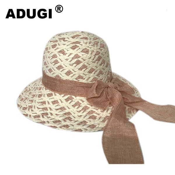 

adugi two-color dome straw hat ladies sun hat beach summer outdoor travel shade shading bow ribbon streamer, Blue;gray