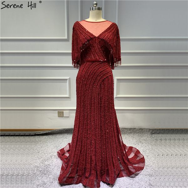

dubai design sleeveless shawl yarn evening dresses 2019 wine red beading sequined lace evening gowns serene hill bla60800, White;black