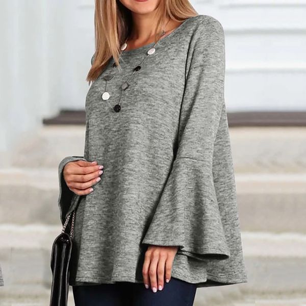 

fashion flare sleeve t-shirt casual autumn winter ladies solid o-neck loose female women long sleeve shirt blusas pullover, White