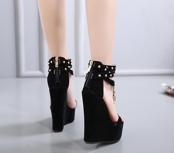 

2020 fashion womens gladiator sandals t strap metal chain rivets buckle high heels platform wedge shoes size 35 to 40, Black