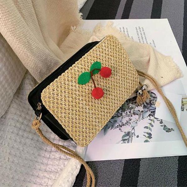 

cute women's new straw bag fashion shoulder bag cherry applique hand-woven rattan beach