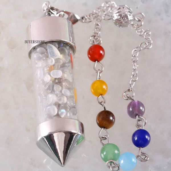 

7 chakra wishing bottle pendulum reiki natural chip stone gray labradorite pendant necklace for women men divination amulet k614, Bronze;silver