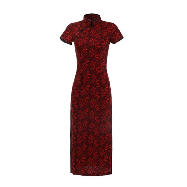 

oversize 4xl women lace longdress handmade button silm qipao chinese traditional women dress vintage lady evening cheongsam, Red
