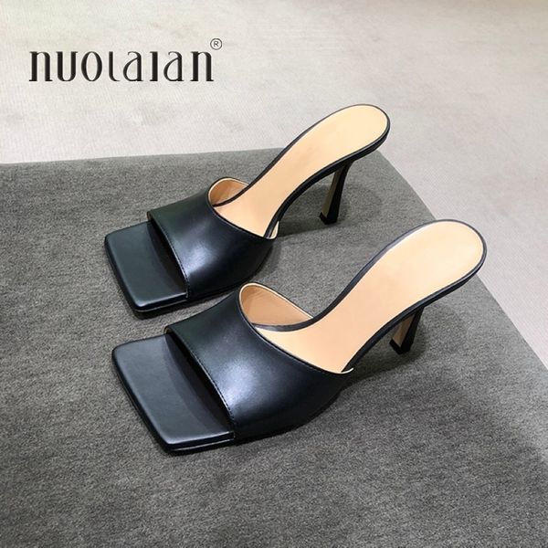 

2020 new summer women sandals square toe ladies heel mules thin high heels sandals slippers female fashion woman shoes y200323, Black