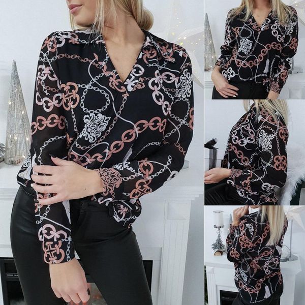 

2019 new spring autumn women blouse v-neck long sleeve work shirts office ladies style black floral printed blouse, White