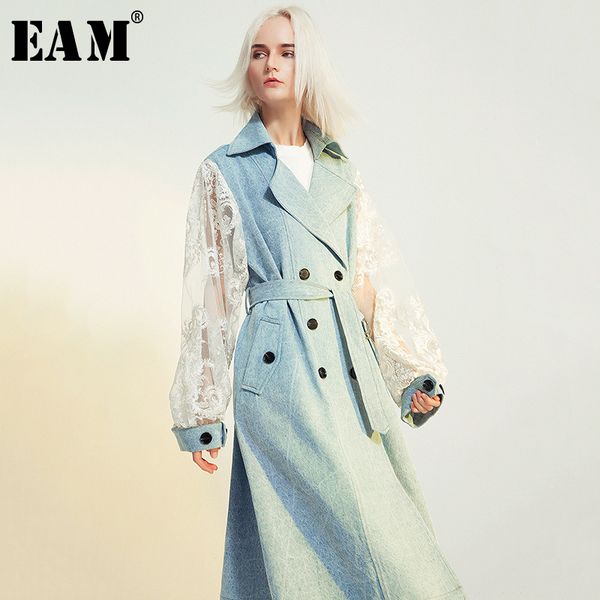 

eam] women lace spliced waistbelt denim trench new lapel long sleeve loose fit windbreaker fashion autumn winter 2019 1b097, Tan;black