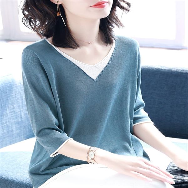 

baoshili fake two-piece v-neck knitted t- women's seven-point sleeve thin 2019 summer t-shirt loose base shirt, White