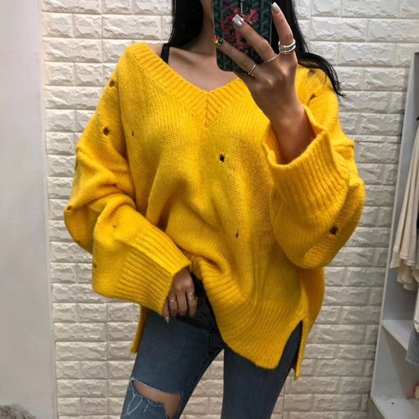 

2019 fashion v-neck batwing sleeve holes loose sweater women vintage full sleeve knitted pullovers autumn solid jumper, White;black