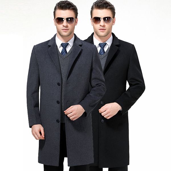 

men winter wool and blends turn-down collar suit woolen trench jacket long style thick coat plus size 3xl 4xl, Black