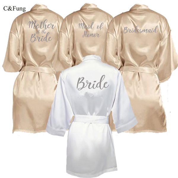 

c&fung champagne gold robe with silver grey writing bridal shower party mother of the groom robe bride women cape satin robes, Black;red