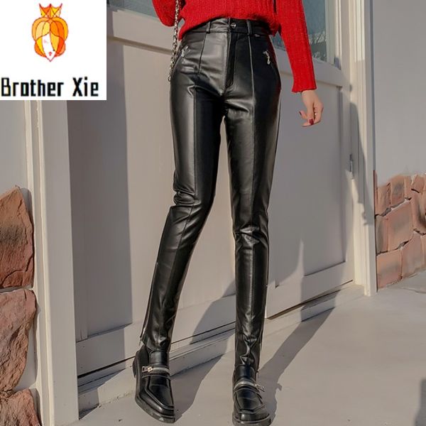 

women cowhide leather pencil pants high waist casual slim fit long trousers female genuine leather pants plus size 6xl, Black;white