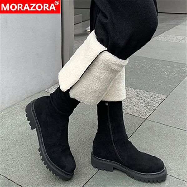 

morazora 2020 new arrive winter keep warm over the knee boots low heel round toe buckle shoes woman solid black women boots