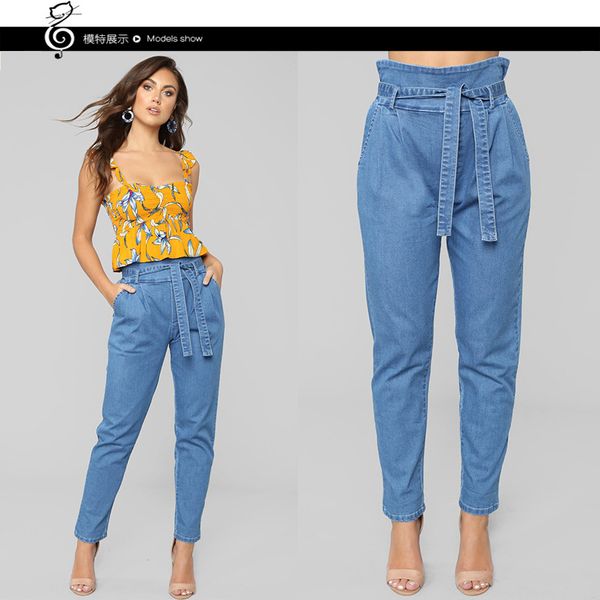 

ozhouzhan платье женщин западный стиль осень и зима новый стиль высокой талией шнуровка джинсы женские, Blue