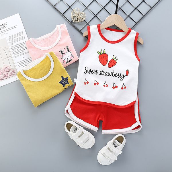 

summer toddler boy girl clothes baby boys cotton vest+shorts 2 pcs sets kids clothes boys girls cartoon vest sleeveless t shirts, White