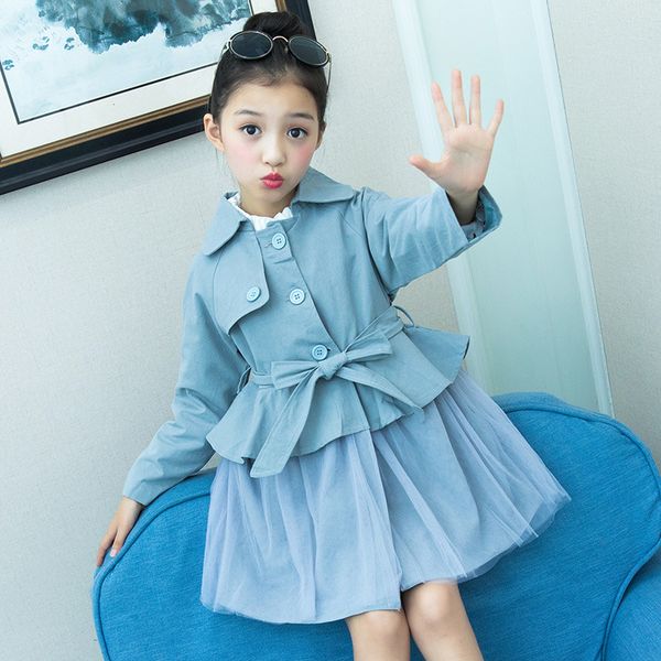 

2018 года осень малыш девушка длинного trench верхней одежда пальто детского длинных пальто дети рукав пальто ветровка 9 10 12 лет, Blue;gray