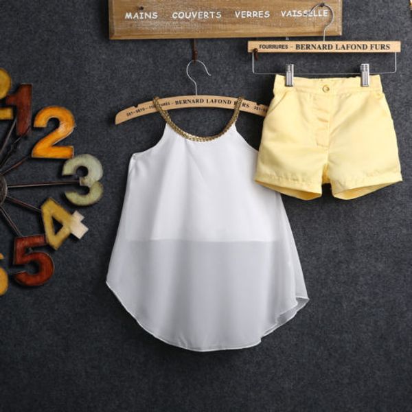 

2016 kids baby girl chiffon woven strap shirt shorts 2pcs outfits 2-11y, White