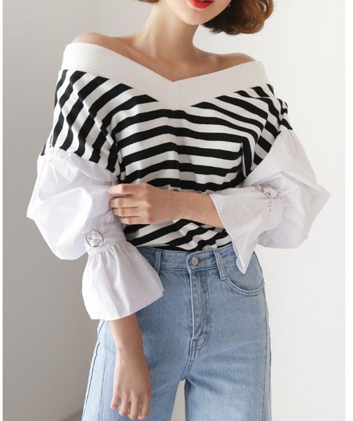 

spring and autumn fashion v-neck long sleeve striped panelled shirt lantern sleeves loose thin t-shirt female, White