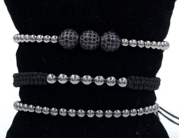 

4mm 3pcs/lot cg42 gold silver copper cz zircon cubic zirconia elastic ball bead crown punk macrame charm bracelet bangles, Black