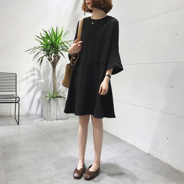 

office lady loose solid summer dresses patchwork ruffles knee-length vestidos flare sleeve o-neck robe femme plus size 5xl dress, Black;gray