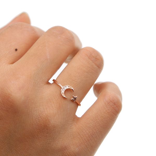 

new fashion crecent moon star cz adjustable rings women romantic finger rings 925 sterling silver delicate star dainty jewelry, Slivery;golden