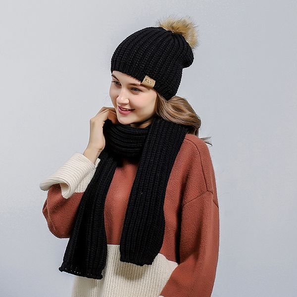 

new 2019 autumn winter women hat scarf sets fashion knitted fur pompom hat thick cotton warm beanies female long scarves, Blue;gray