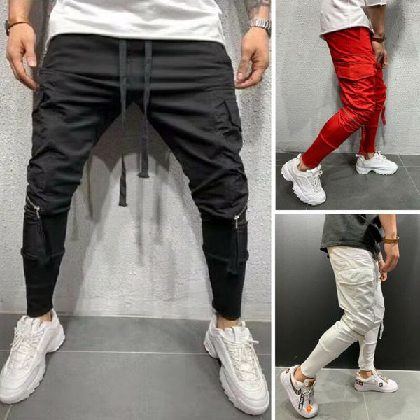 

mens autumn outdoor elastic waist tracksuit sport gym jogging joggers sweat pants slim fit casual cargo trousers, Black