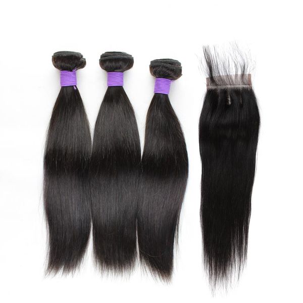 

11a lace closure with brazilian straight body wave bundles human hair natural color 100% remy hair weaves ing, Black