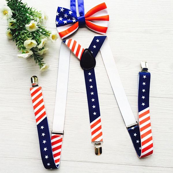 

men's suits american flag suspenders men bowtie sets 3 clip buckle suspender for women belt strap bretelles hommes, Black;white