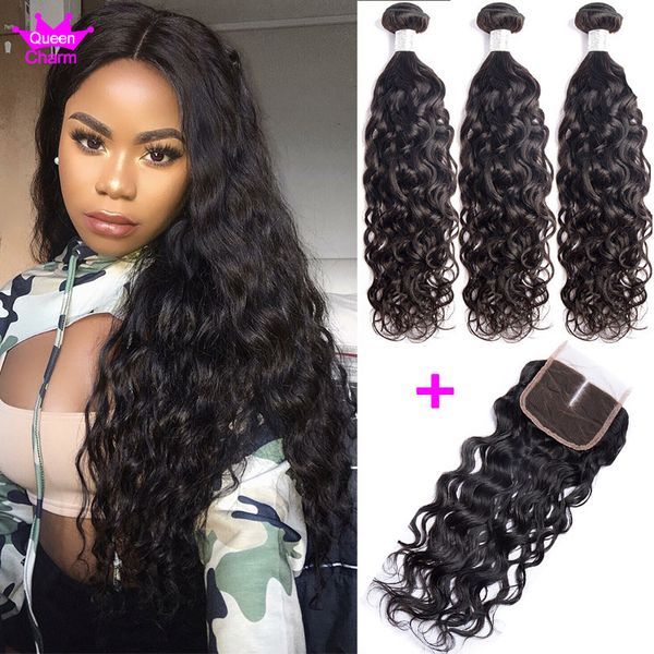 

peruvian natural wave human hair 3 bundles with 4x4 lace closure middle/three part peruvian hair bundles water wave with closure, Black;brown